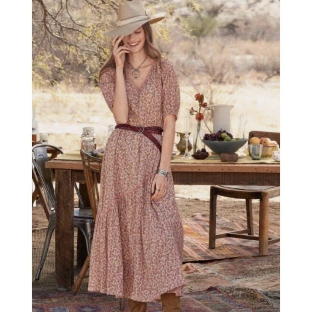 Sundance Floral V-Neck Midi Dress Pink Purple Cotton Tiered Boho Womens Size M